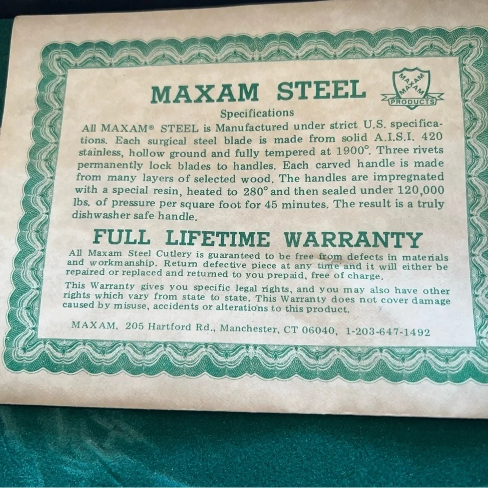 Vintage Set of 5 Wood Handle MAXAM Steel Kitchen Knife Set Plus Bonus Sharpener